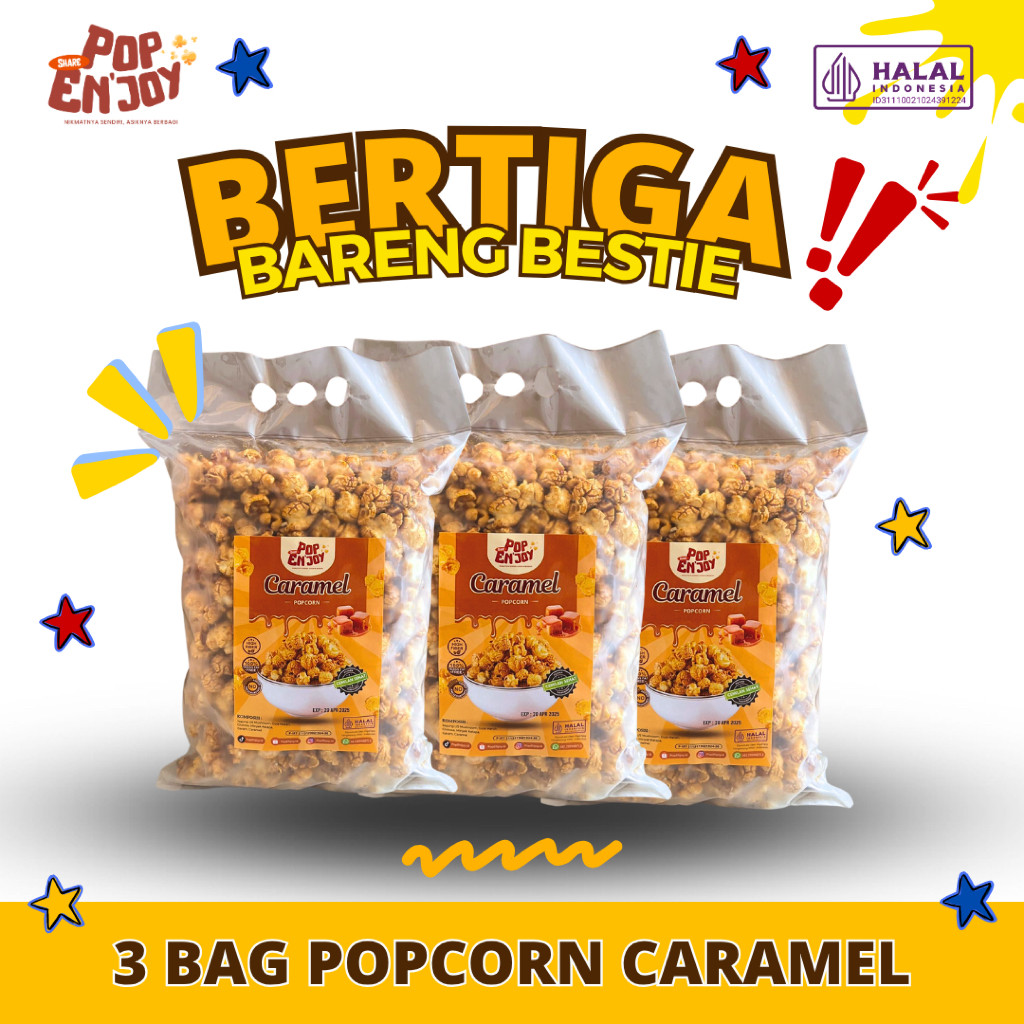 

[BUNDLING 3] CARAMEL POPCORN 1.5 KG - PopENjoy (3x500gr) / Camilan Manis Crispy Popkorn Jagung Sehat Premium