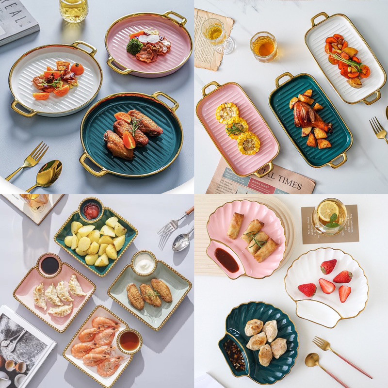 piring unik sultan list gold keramik pink emerald hijau putih