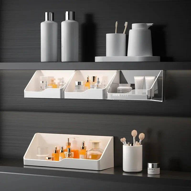 

Bathroom Kitchen Organizer Plastic Storage Rack Wall Mounted Case Container Bedroom Self Adhesive Space Saving Hanging Shelf