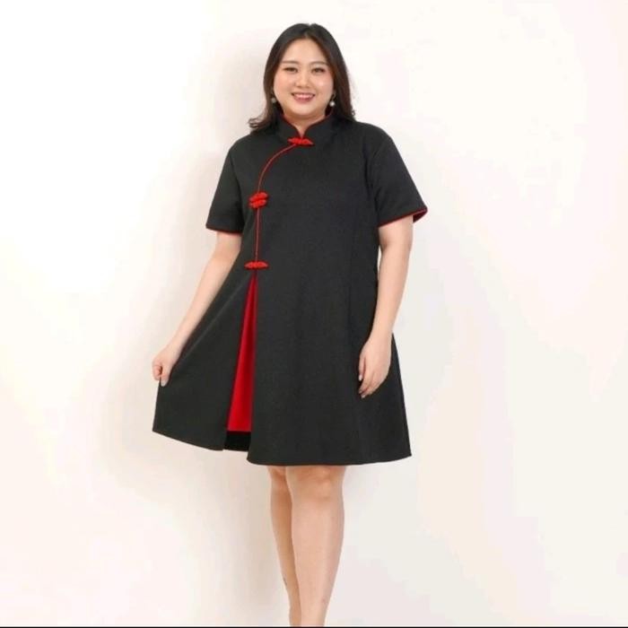 Dress cheongsam Qupao imlek CNY Scuba wanita Bigsize Jumbo Pesta Party - Hitam