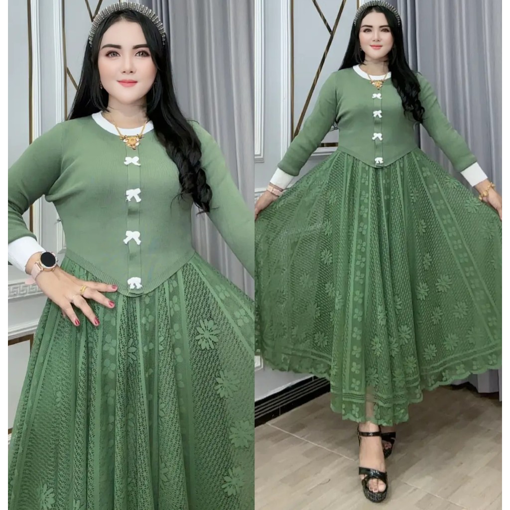 Rajut Elara Bunga Kecil | Baju Wanita Rajut Mix Brukat | Pita Depan | Lengan Panjang | Model Mayung 