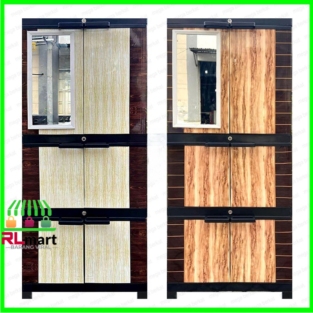 Lemari Plastik AQUOSE JUMBO DIVA motif KAYU + Kaca Susun 4 [KHUSUS CARGO]