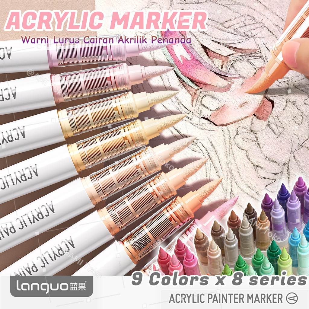 

Warni Lurus Cairan Akrilik Penanda Marker Acrylic Brush Pen Tahan Air Kepala Lembut Lukisan Penanda 9 Colors X 8 Series ACRYLIC PAINTER MARKER
