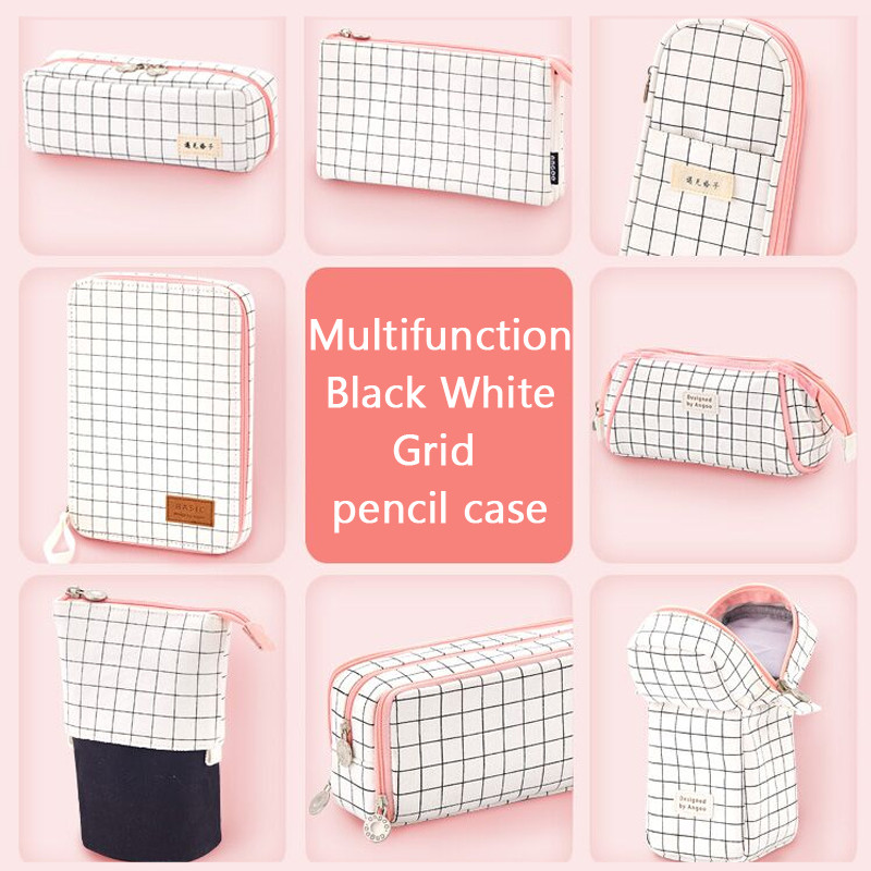 

Black White Grid Korea Cute Pencil Case Big Pencil Box Kawaii Zipper Multifunction Storage Bag Estuche Escolar School Supplies