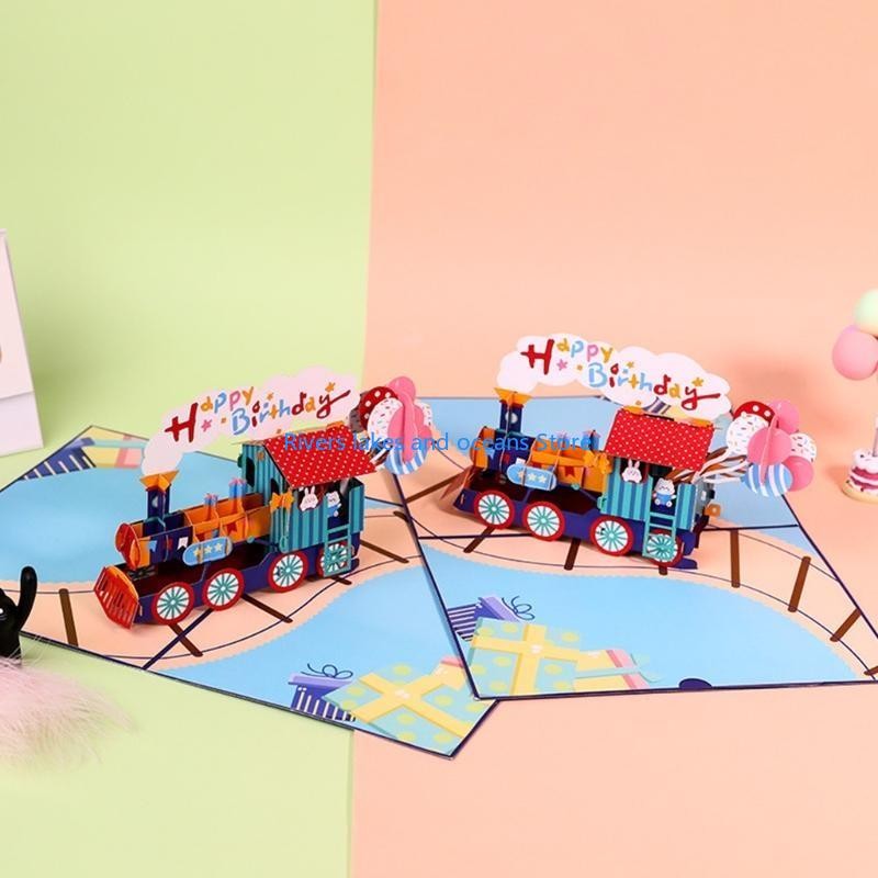 

583B 3D Train Pop-Up Greeting Cards for Birthday New Year Postcards with Envelope