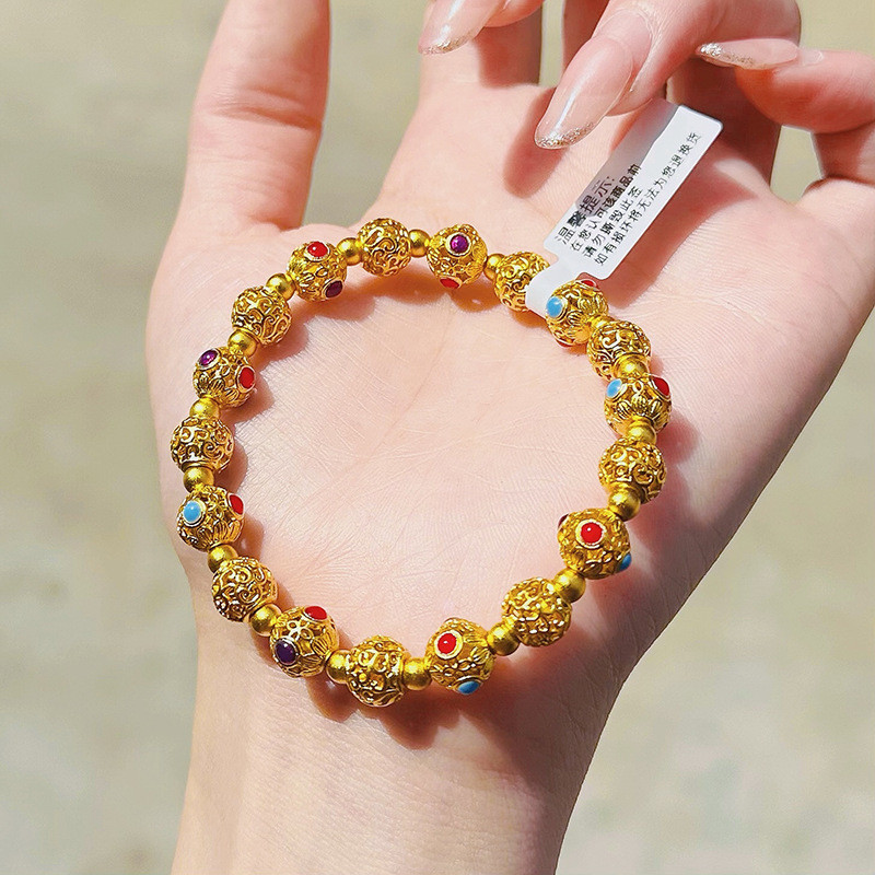 The new 9999 24K real gold ancient chiseled enamel silk beaded bracelet light luxury palace style wo