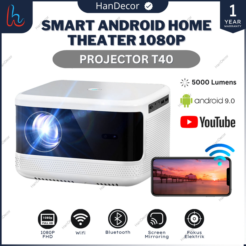 Smart Proyektor T40 Android 9 | Proyektor Koneksi HP Android Bluetooth | 5000 Lumens Proyektor T40 S