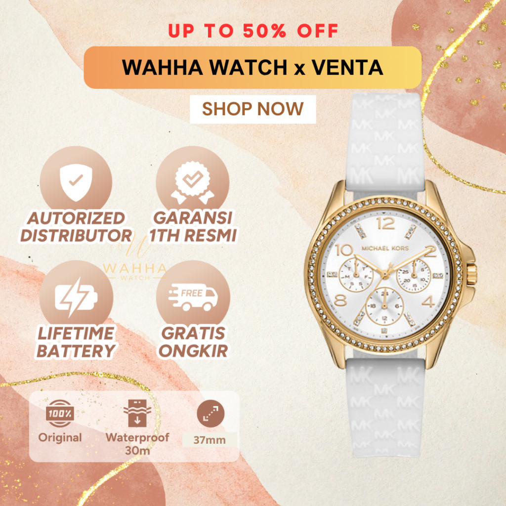 Jam Tangan Wanita  Mini Pilot MK7372 Pavé Gold-Tone and Logo Silicone Watch Women Watch's [BERGARANS