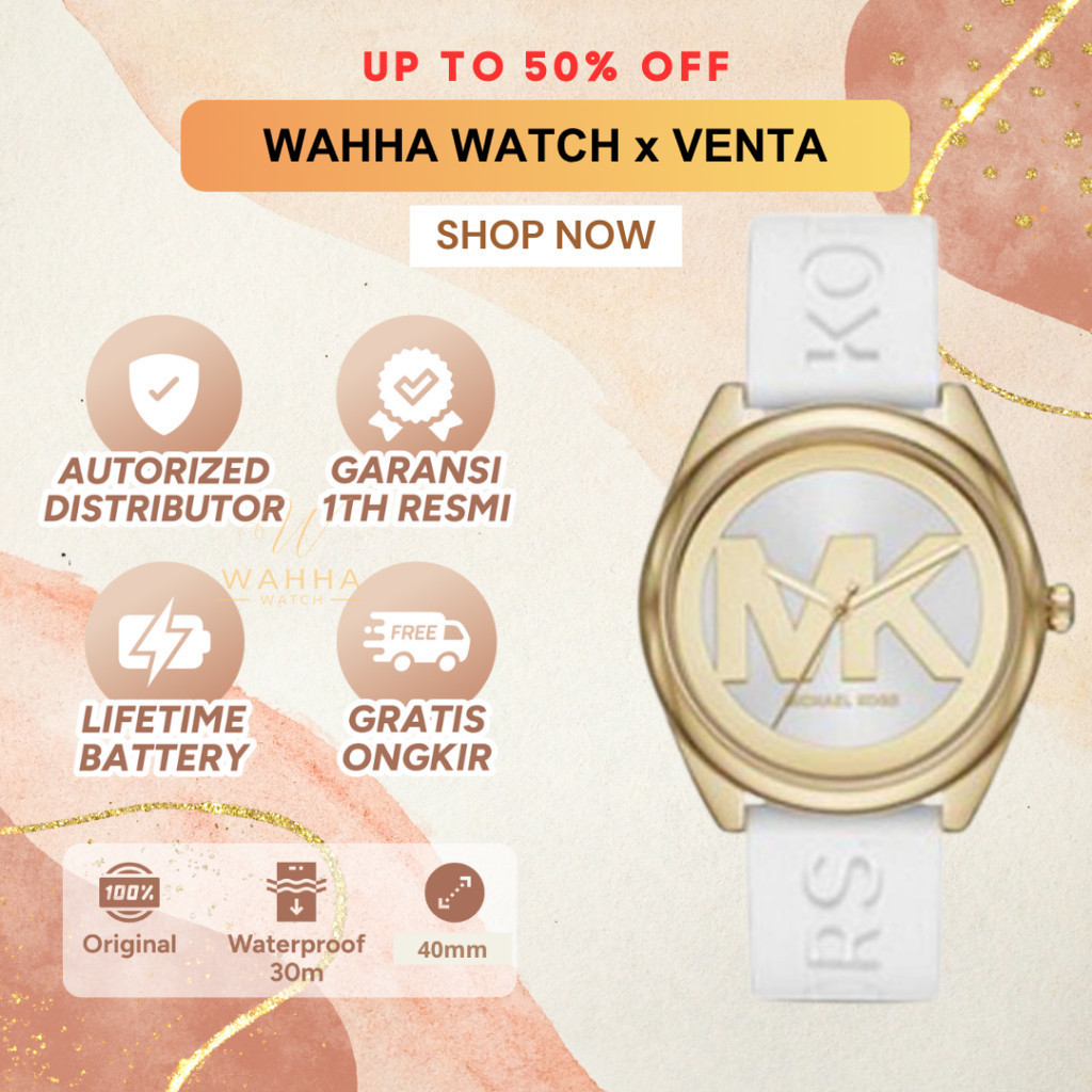 Jam Tangan Wanita  MK7141 Gold Tone Logo Dial White Silicone Band Women's Watch [BERGARANSI]