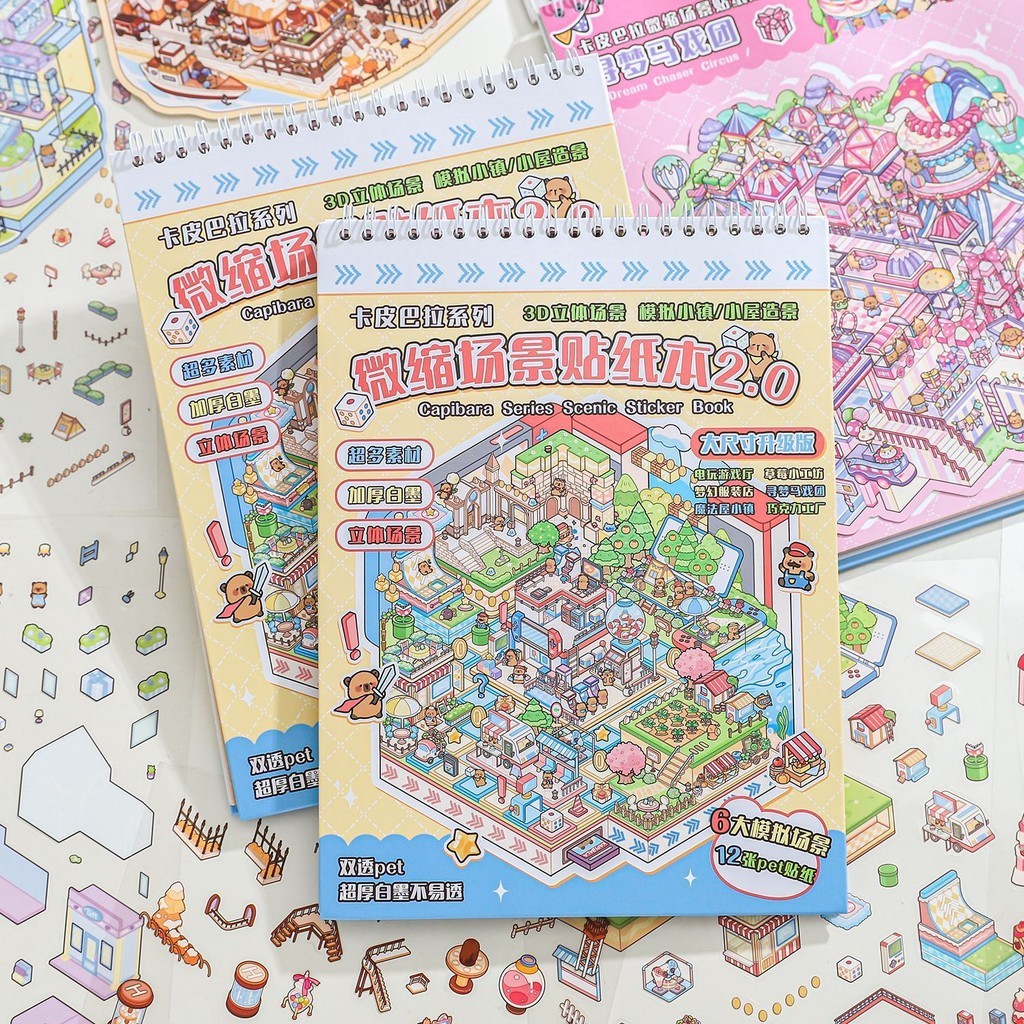 

6 In 1 Scene Sticker Book Capybara Zoo Style Miniatur Adegan Stiker 3D DIY Booklets Handbook Retro Hadiah Anak-anak