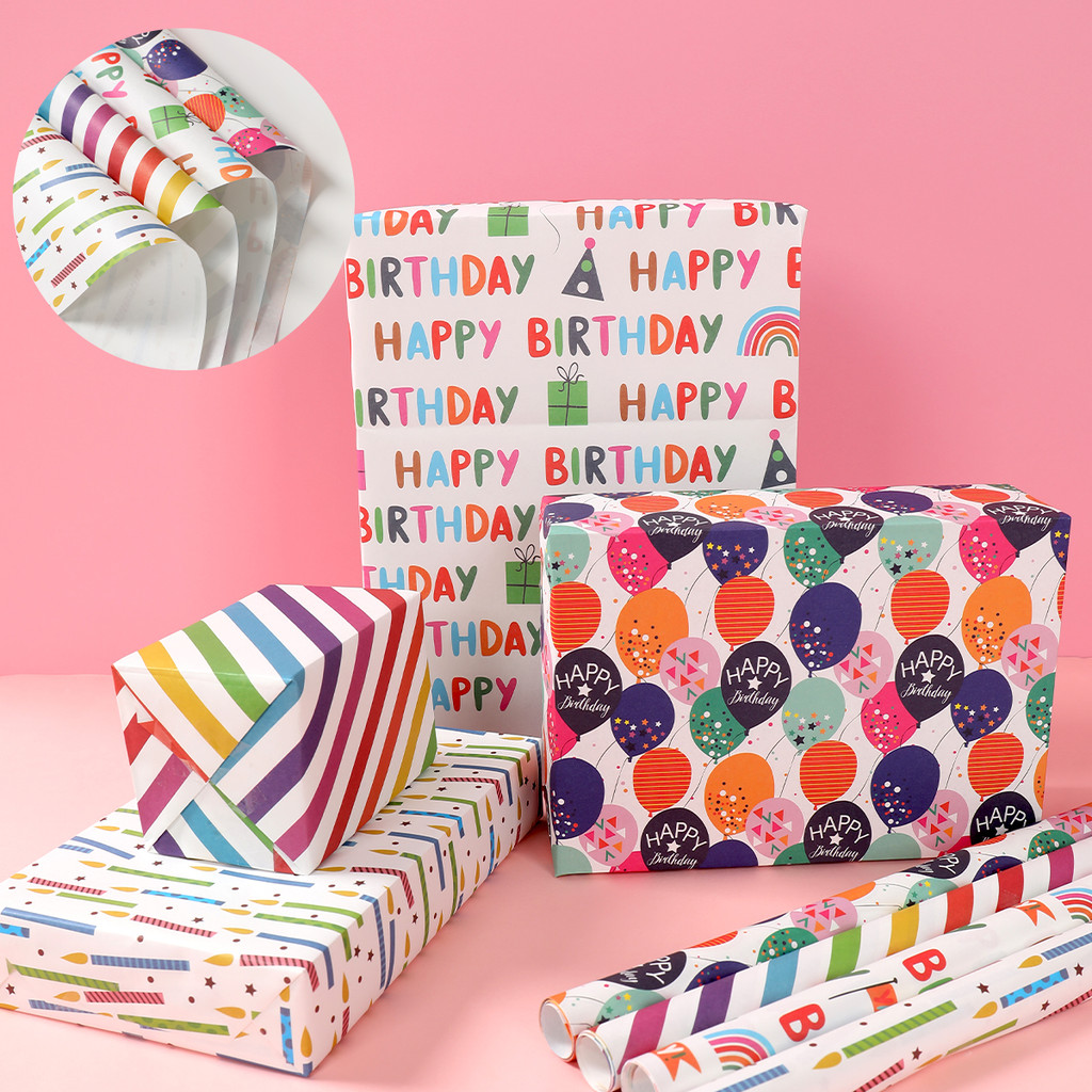 

4/8pcs Happy Birthday Gift Wrapping Paper Balloons Stripes Birthday Candles Pattern Gift Wrapping Paper Birthday Gifts Wrapping