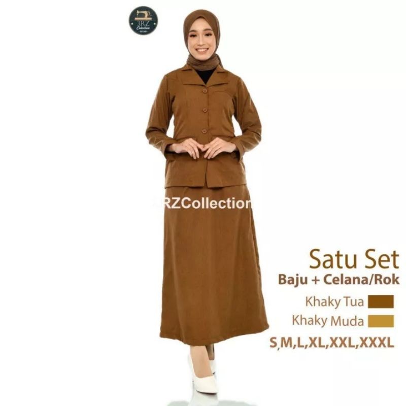 Setelan Baju Seragam Dinas PNS Pemda Blazer Guru Coklat Wanita Rok dan Celana Panjang