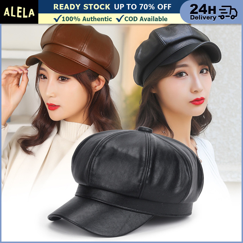 Topi Baret Kulit Wanita Kpop Idol Topi Polos Dewasa Korean PU Leather Painter Hat