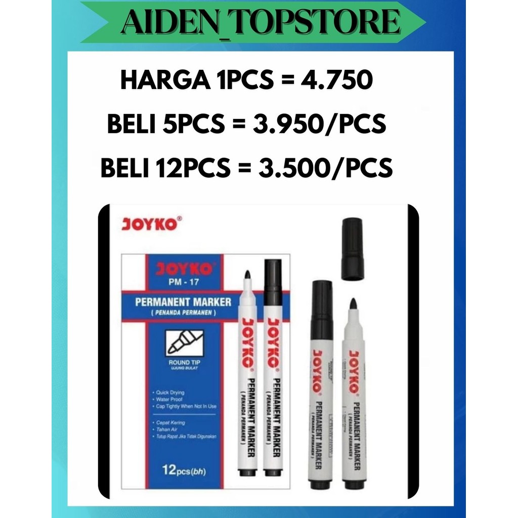 

ATS SPIDOL PERMANET JOYKO PM-17 PM17 HITAM PERMANENT MARKER ROUND TIP PATEN KALI