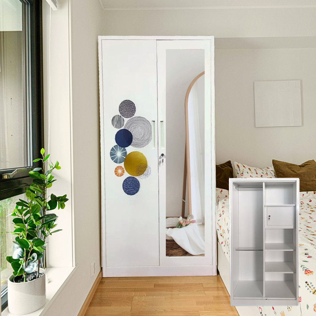 JOLEE-Lemari Pakaian Besi Lemari Pakaian Pintu ganda biasa 85cm 2 pintu 1 Hanger Cermin Minimalis