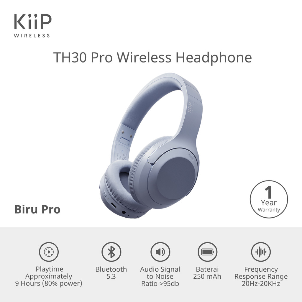 KIIP WIRELESS TH30 PRO HEADPHONE BLUETOOTH  HEADSET EARPHONE - Biru Pro