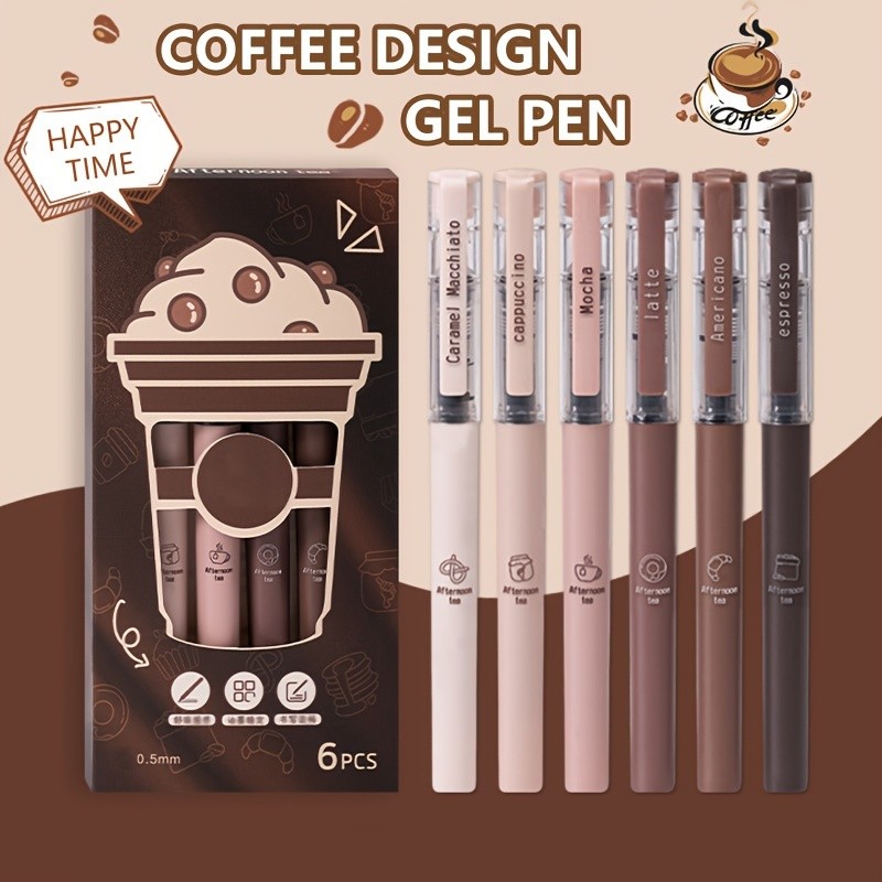 

6-piece coffee afternoon gel pen set, medium tip, fast drying plastic ball pen, with tip and cap