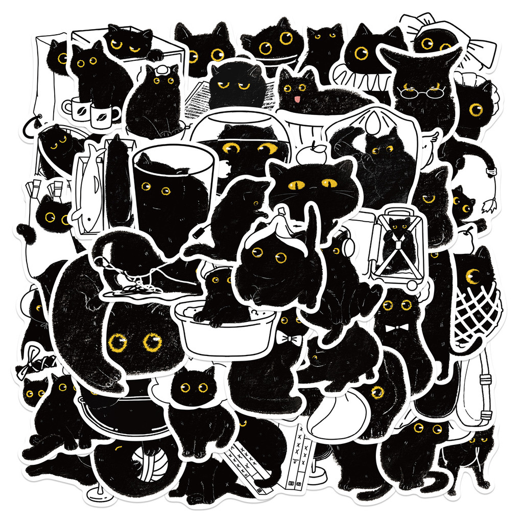 

50Pcs Black Cat Log Graffiti Decoration Stickers Cartoon Water Cup Guitar Computer Skateboard Stickers