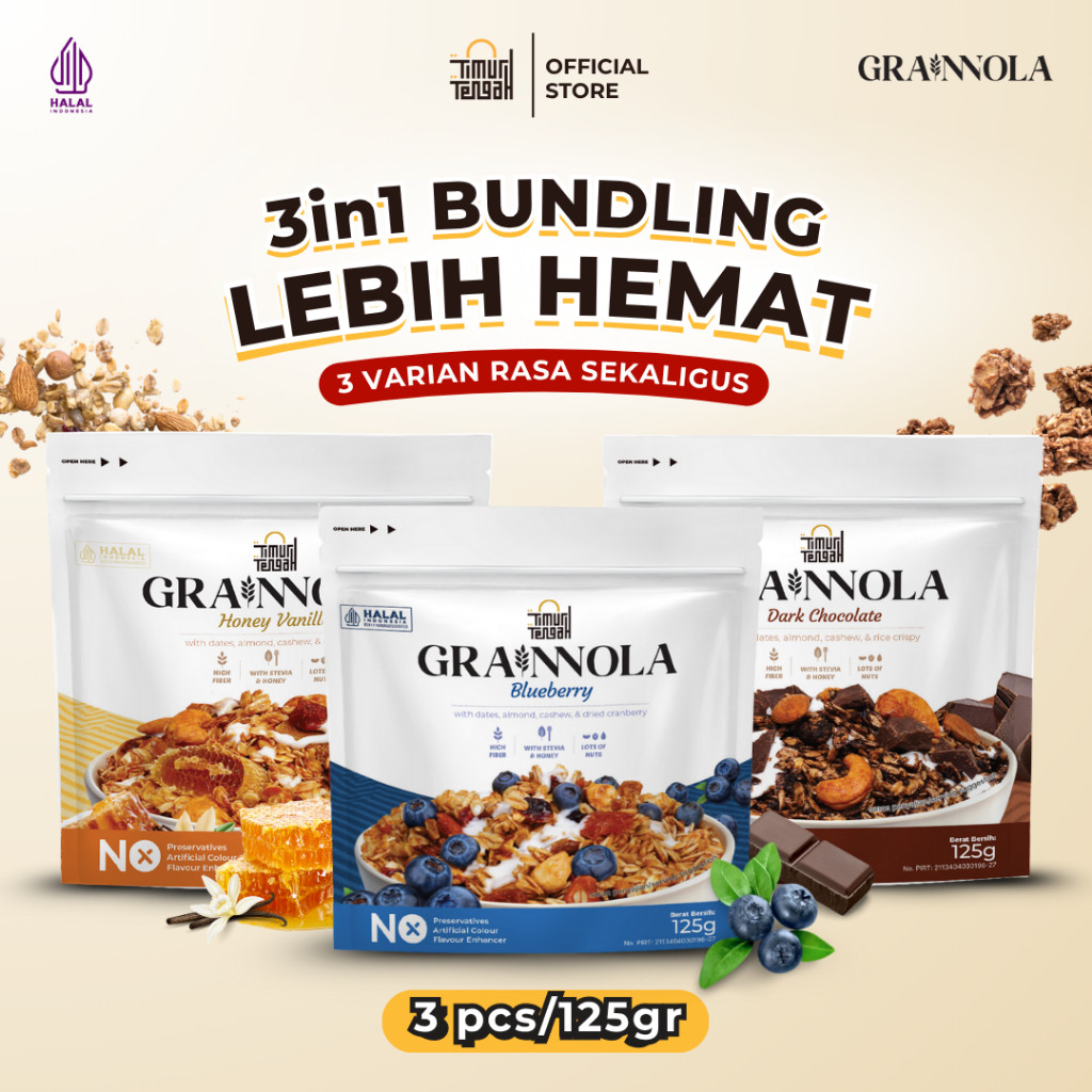 

[Paket Cobain] Bundling Hemat 3 in 1 Granola 125 gr All Varian Rasa Timur Tengah Grainnola Dark Chocolate Vanilla Honey Blueberry Coklat Camilan Sereal Makanan Sehat Rendah Kalori