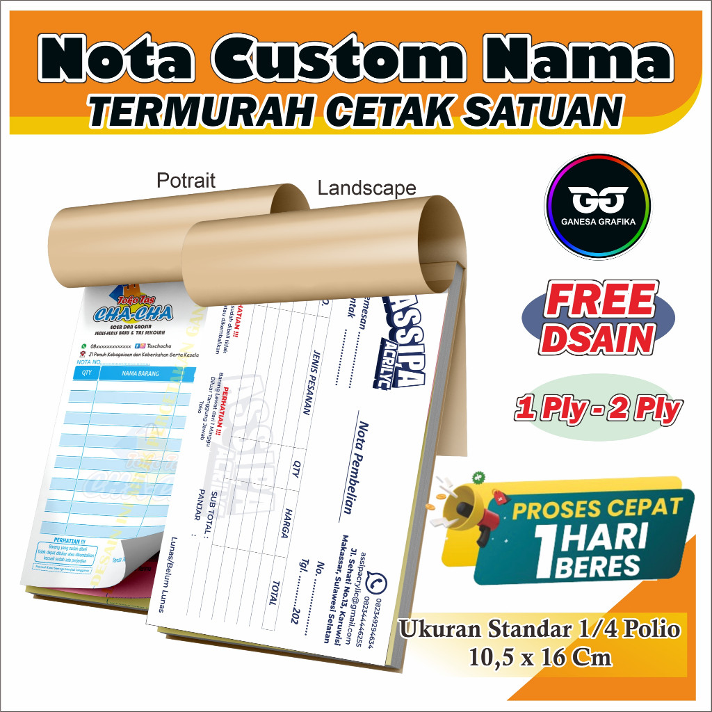 

nota custom 2 ply full color nota custom nama logo ukuran sedang 1/4 polio Nota Custom 1 ply