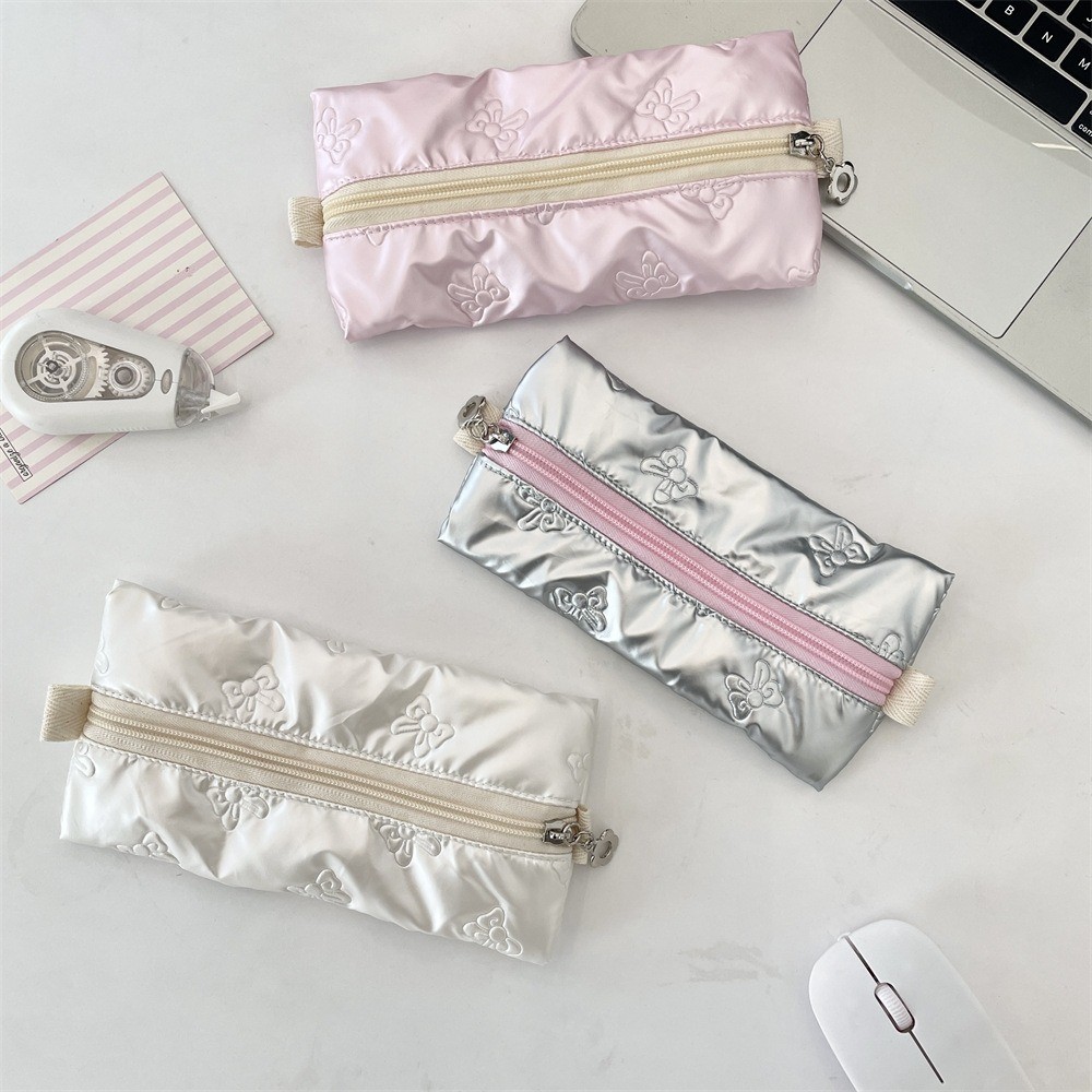 

Creative Pen Bag Solid Color Bow Heart Stationery Storage Bag Multi-function Pencil Pouch Girls Pencil Case