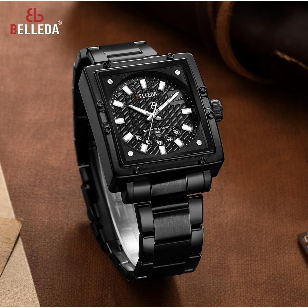 Jam Tangan Pria Belleda 9085 Quartz Tanggal On Stainless Steel Segi Retro Cassual Anti Air 3Atm
