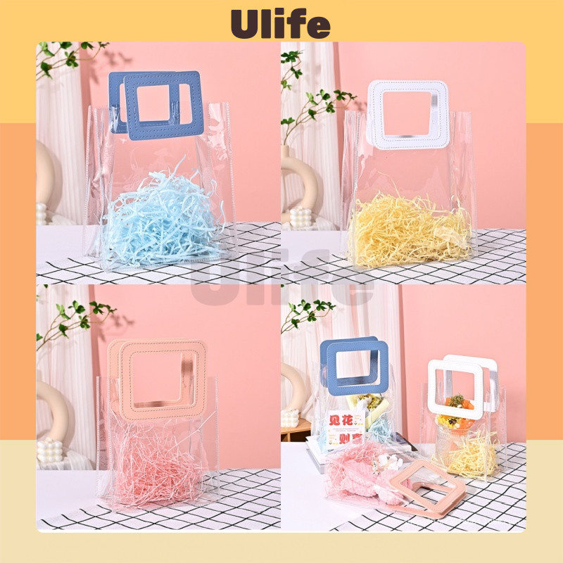 

Tas Mika Transparan PVC / Gift Bag Handle Kulit / Tas Hampers Mika Hadiah Ulang Tahun / Tas Kado / Totebag Leather Handle Transparan / Hampers Transparant Serbaguna Goodie Bag
