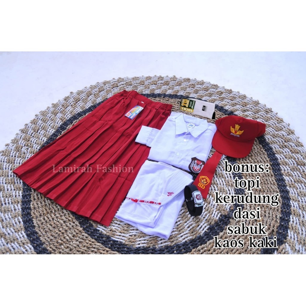 SETELAN SERAGAM MERAH PUTIH SEKOLAH SD KELAS 1-6 / SERAGAM  SEKOLAH SD ANAK PEREMPUAN FREE TOPI KERU