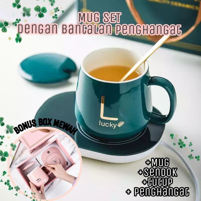 Cangkir Gelas Mug Keramik Set Penghangat Portable Kopi Susu Alas Pemanas Elektrik Paket Hampers Gift
