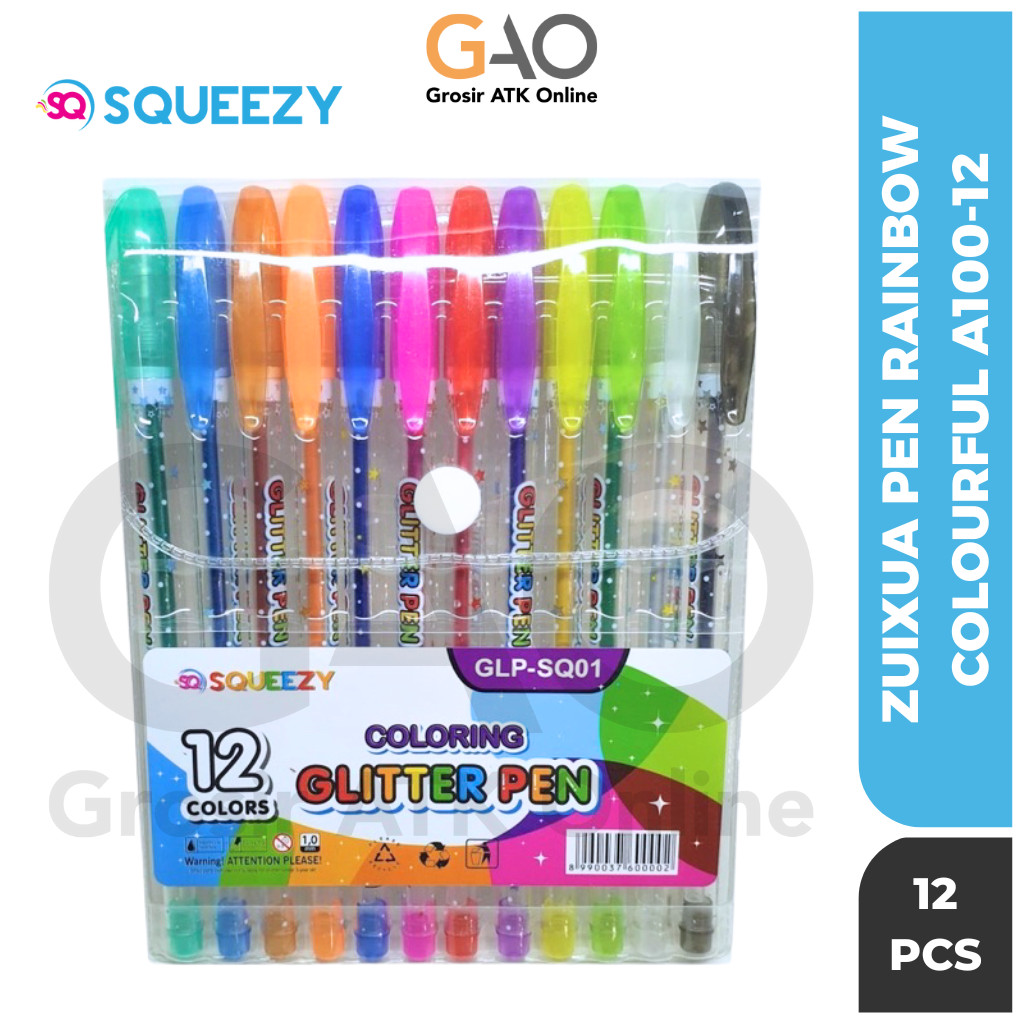

Pulpen Gel Glitter 12 Warna / Pena Gel Pen Glitter Warna-warni 1.0 mm Squeezy GLP-SQ01