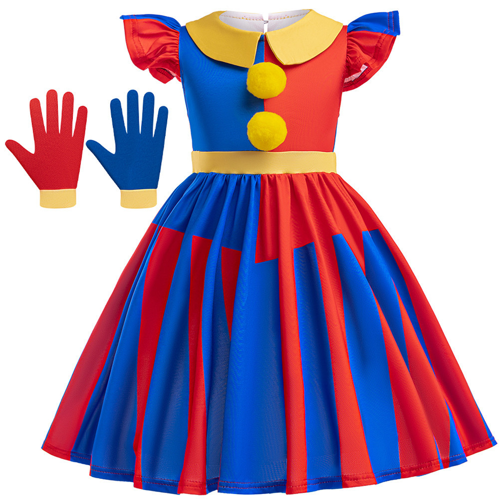 Children Half Sleeve Girls Striped Dress Pamni The Amazing Digital Circus Dress Pomni Clown Cosplay 