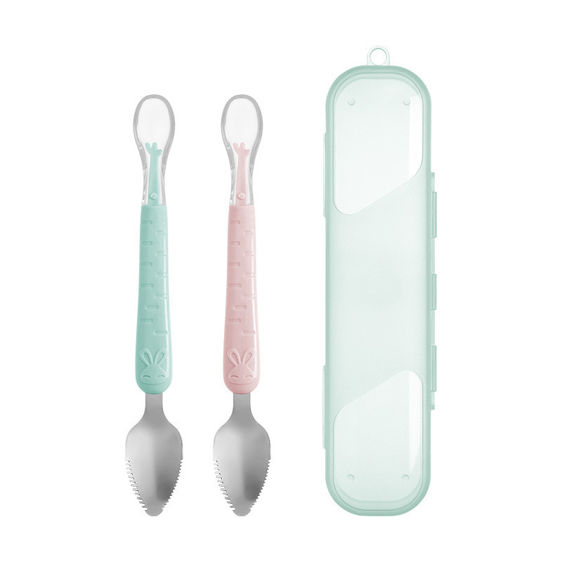 Baby's dual-purpose scraper silicone soft spoon stainless steel fruit puree scoop feeding complement