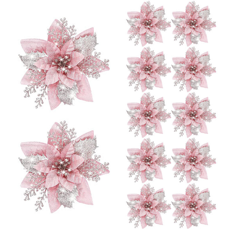 

5pcs 14.5cm Glitter Artifical Christmas Flowers Mreey Christmas Tree Decoration Happy New Year Ornaments Xmas Fake Flowers natal