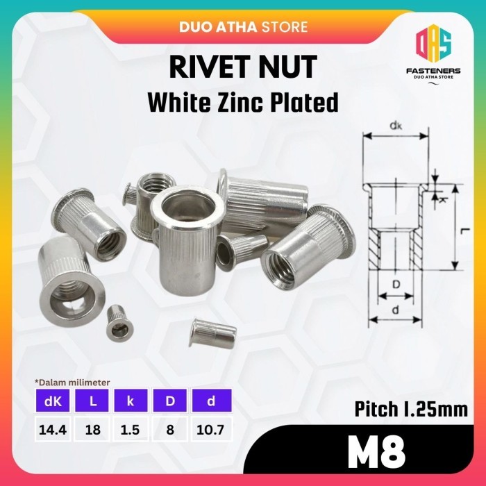 Rivet Nut Putih M8 / Insert Nut M8 / Mur Rivet M8 / Mur Furniture M8