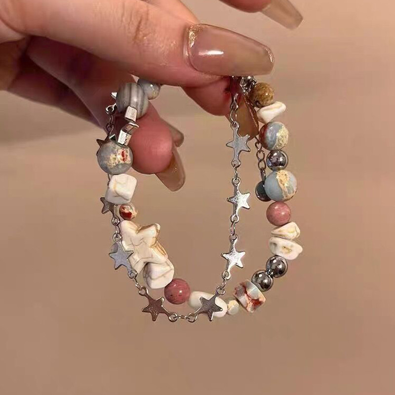 

Y2K Double Layers Bracelet Women Harajuku Crystal Star Pentagram Bracelets Vintage Colorful Charms Beaded Chain Jewelry Gift
