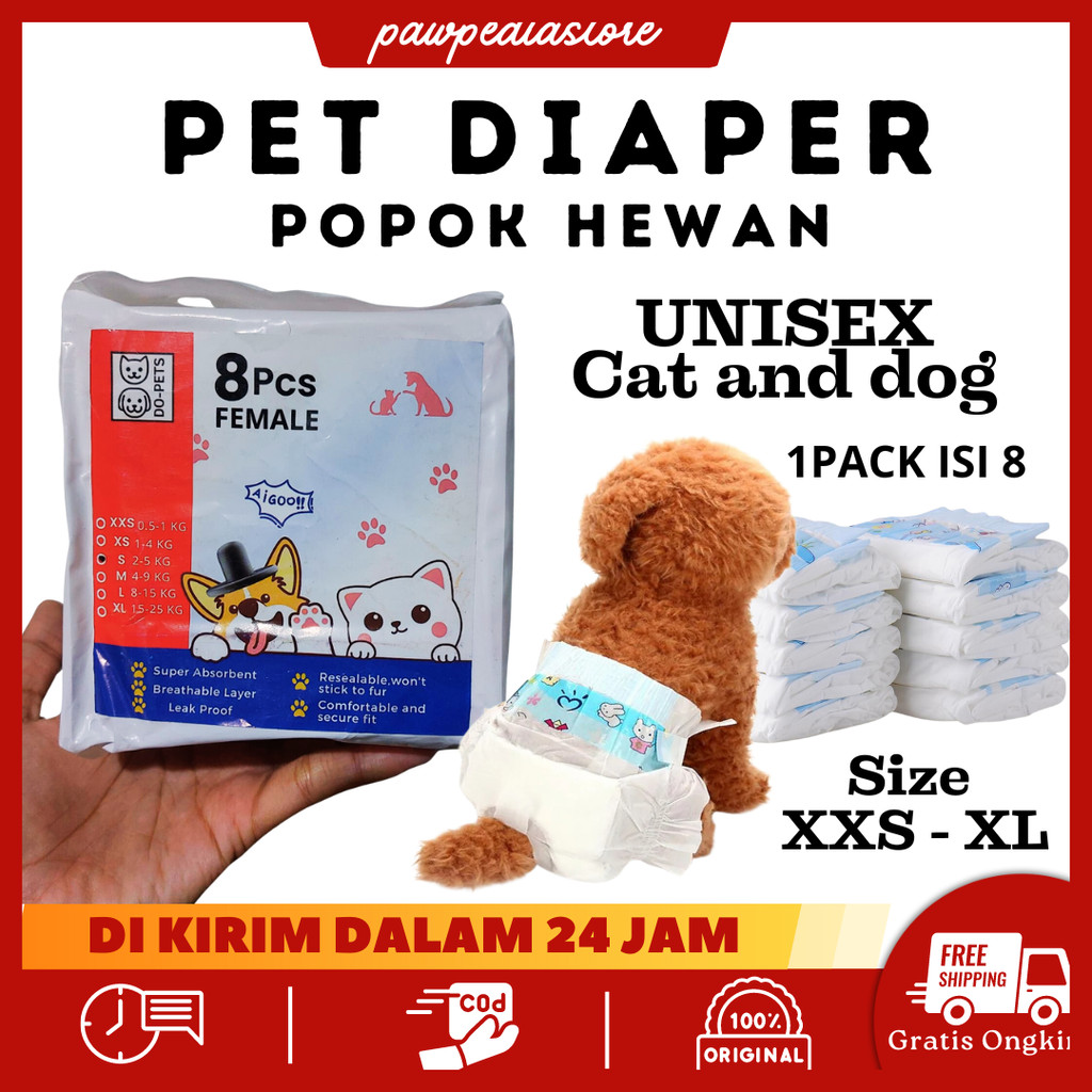 pawpedia [1PACK isi8] Popok Celana UNISEX Diapers Kucing Anjing Anjing Popok kucing Anjing Kecil Pop
