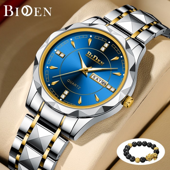 BIDEN Jam Tangan Pria Anti Air Original Cowok Kalender Bercahaya Jam - silverblue