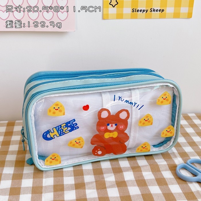 

New Arrival Tempat Pensil Transparan 3 Zipper Cute Aesthetic Jumbo C003 - BLUE