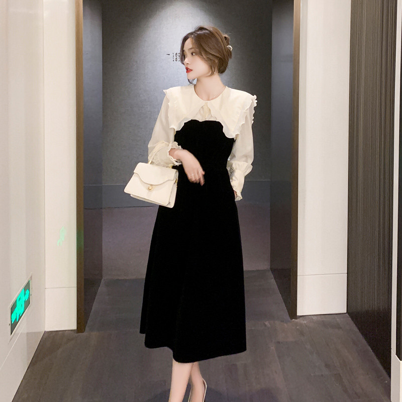 Korean Style Puff Sleeve Gold Velvet Vintage Dress Mid-Length