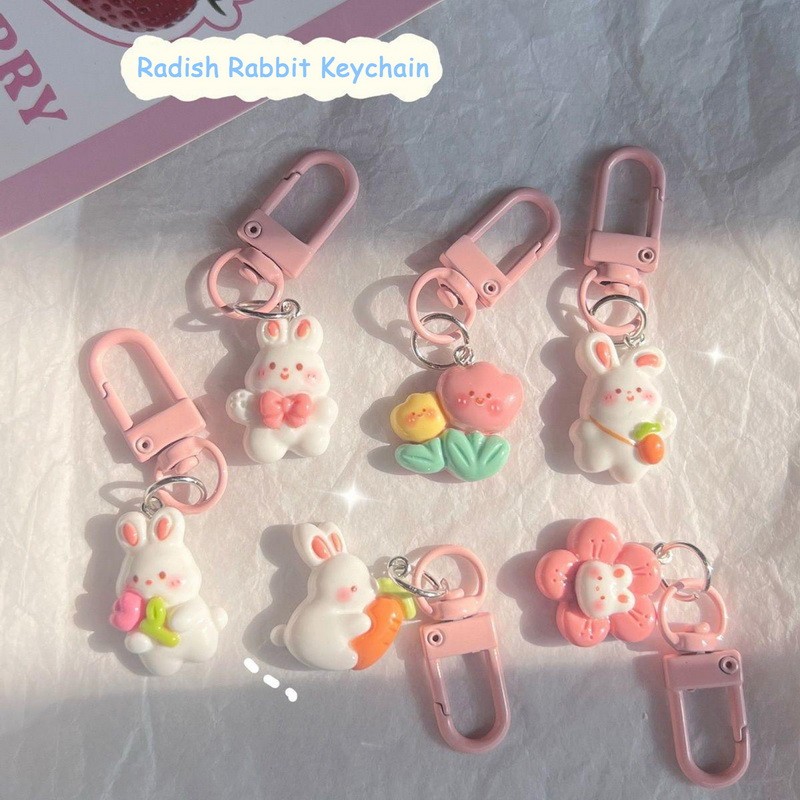 

Fashion Pink Cartoon Cute Rabbit Key Chain Sweet Girls Carrot Bunny Flowers Keychain Bag Backpack Pendant Accessory Gifts