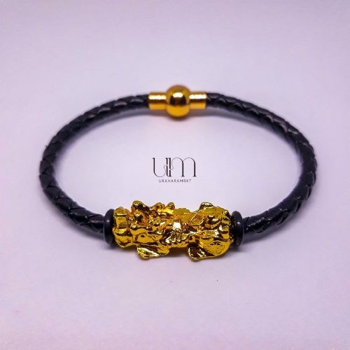 Gelang kulit Pria Liontin Pixiu Emas 013B
