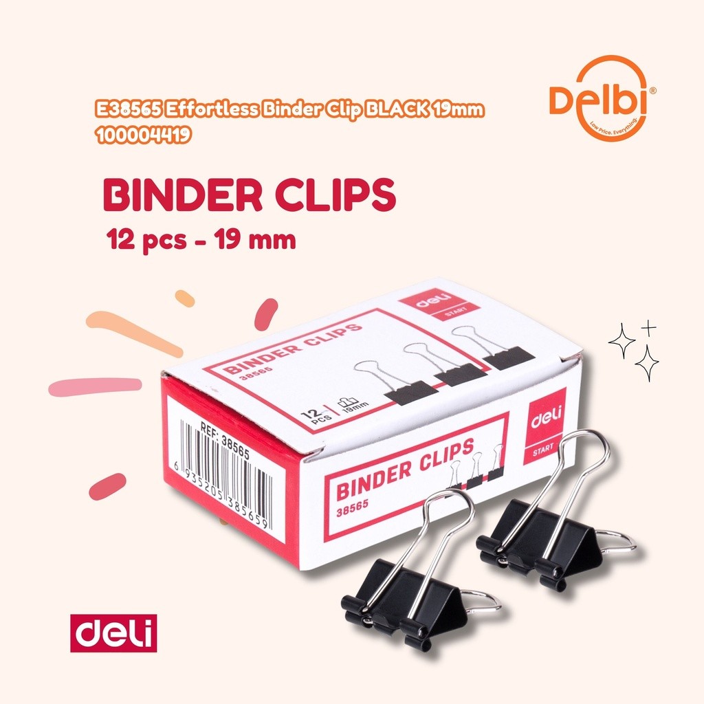

DELI Binder clip penjepit kertas sekotak isi 12 pcs E38565 Effortless Binder Clip BLACK 19mm