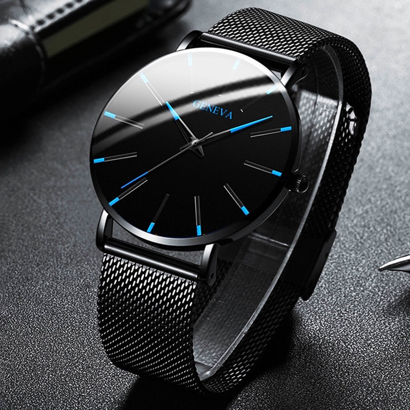 Jam tangan Ultra tipis untuk pria, arloji bisnis Quartz jala Stainless Steel 2024, jam tangan elegan