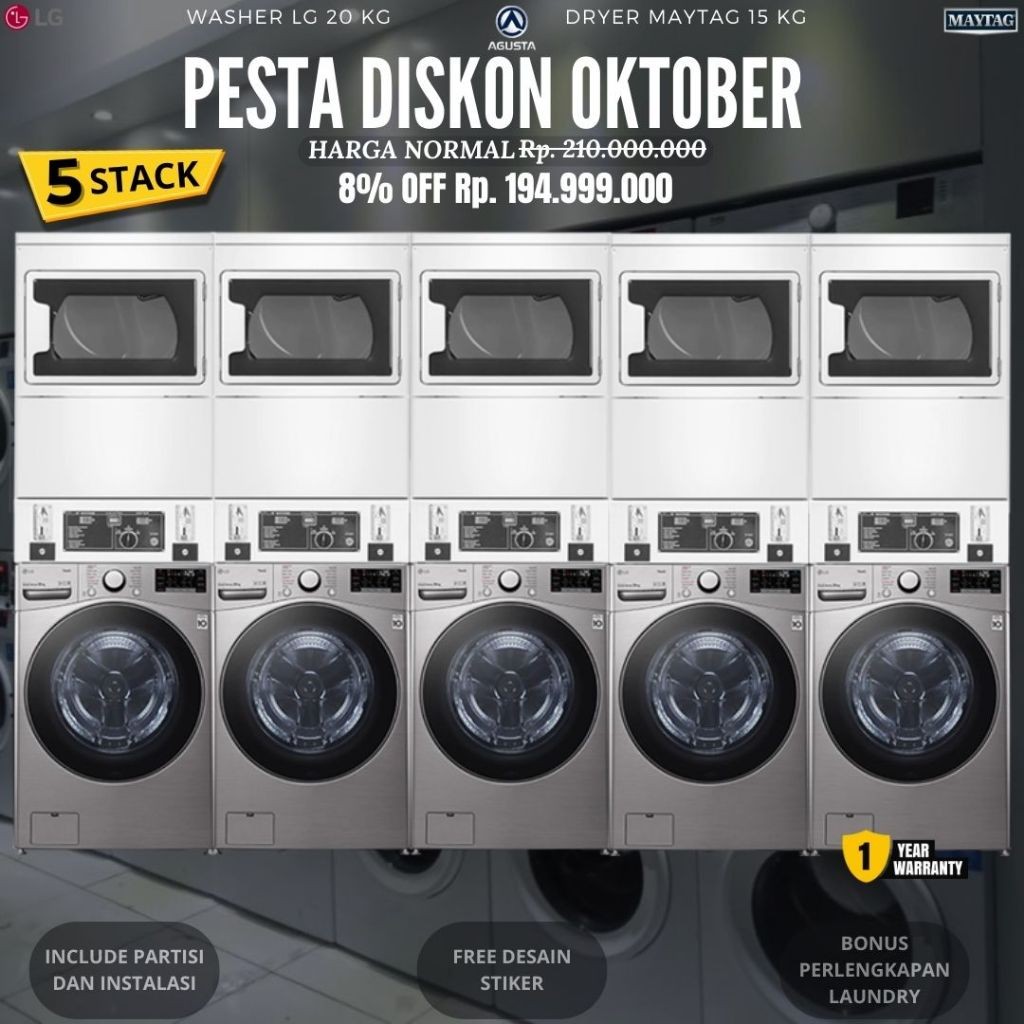 Paket Mesin Laundry Koin 5 set Stack Mesin Cuci LG 20 kg & Mesin Pengering Maytag 15 kg + Partisi