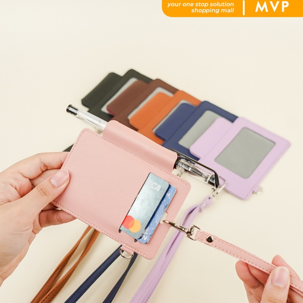 

ID Card Lanyard Kulit Ada Tempat Pulpen Maxwell Name Tag Card Holder 3 Slot Kartu Bisa Custom