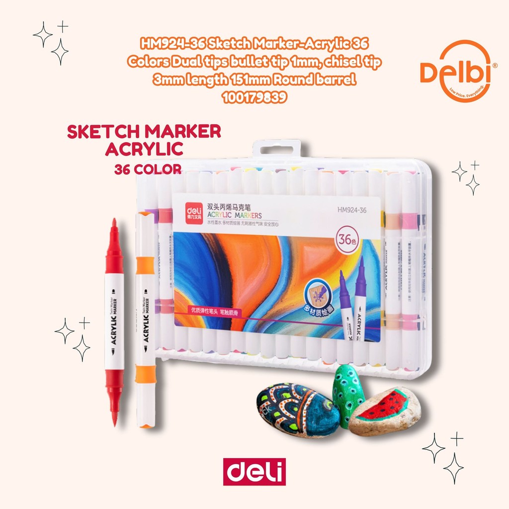 

Deli Acrylic Marker HM924-36 Pena Spidol Cat Akrilik Brush Twin 36 Warna HM924-36 Sketch Marker-Acrylic 36 Colors Dual tips bullet tip 1mm, chisel tip 3mm length 151mm Round barrel