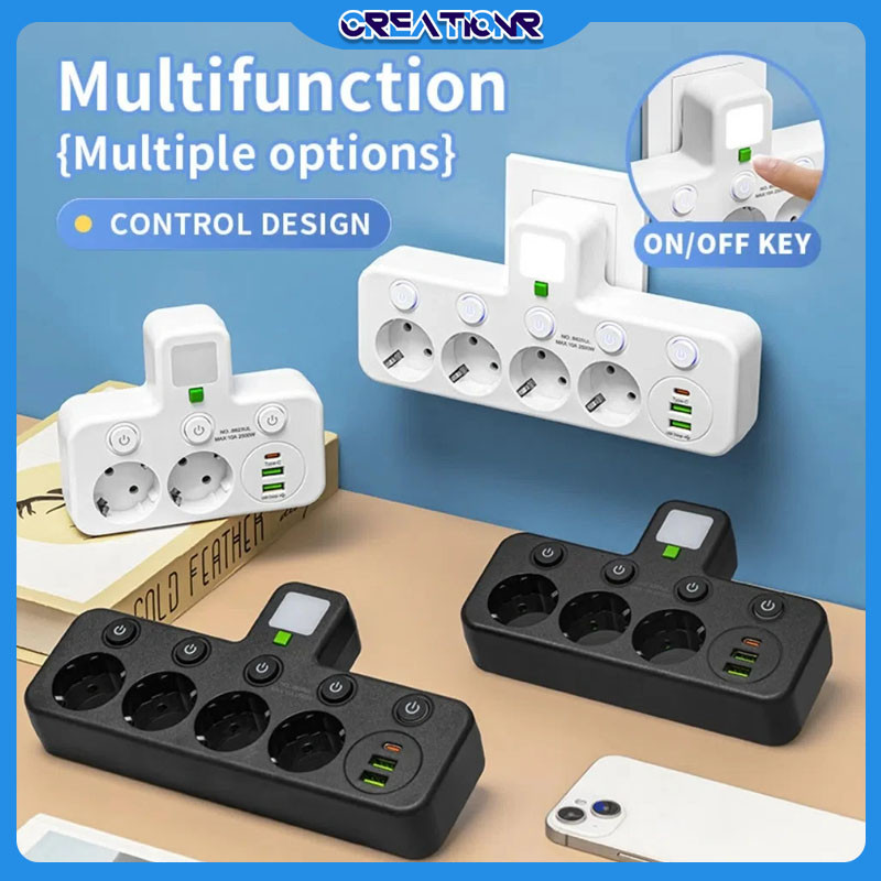 

7lekkar - stop kontak multi outlet 3/4 lubang power strip eu plug + usb charger
