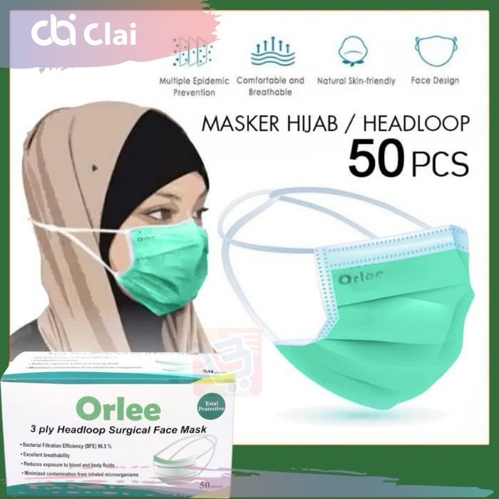 CLAI Masker Bedah Medis 3ply 3 ply Headloop Hijab ORLEE kemenkes
