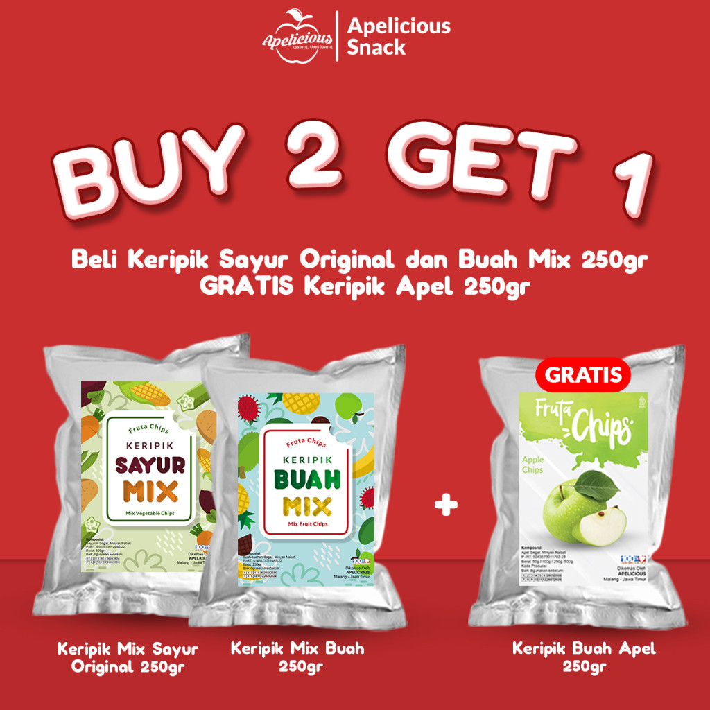 

New APELICIOUS KERIPK SAYUR MIX ORIGINAL 250g + KERIPIK BUAH MIX 250gr GRATIS KERIPIK APEL 250gr - snack, cemilanPremium