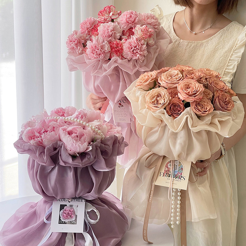 

Sweets Princess Skirt Elastic Floral Yarn Pearl Silk Flower Wrapping Paper Materials Packaging Film For Flower Shop Bouquet